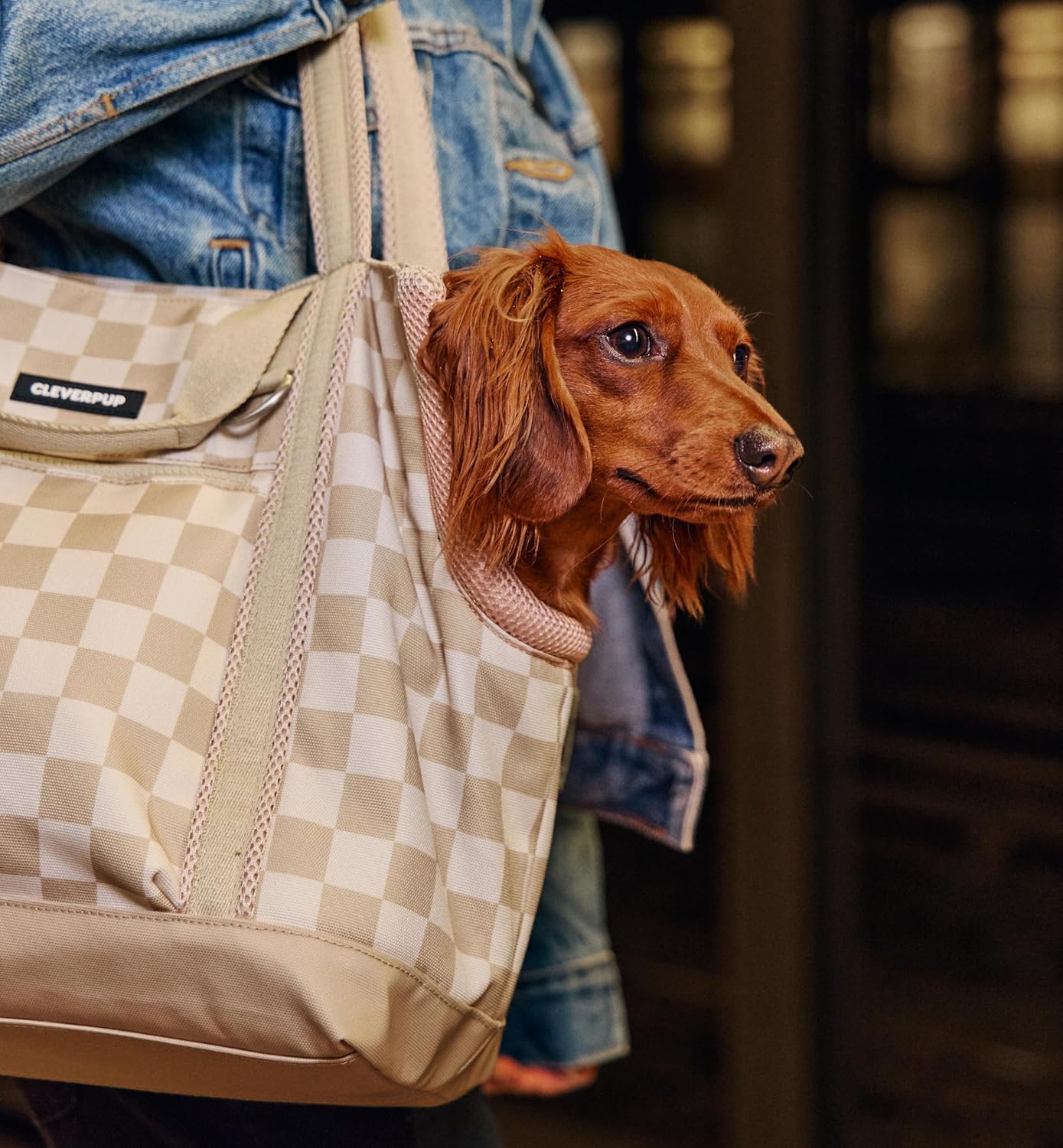 CLEVERPUP Transit & Treat Bundle - Premium 4-Piece Transit Tote Dog Carrier in Tan Checkerboard